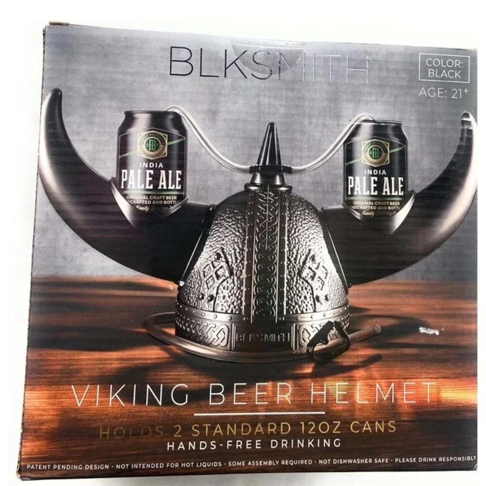BLKSMITH Viking Beer Drinking Helmet Black Holds 2 12 Oz Cans - Picture 4 of 5
